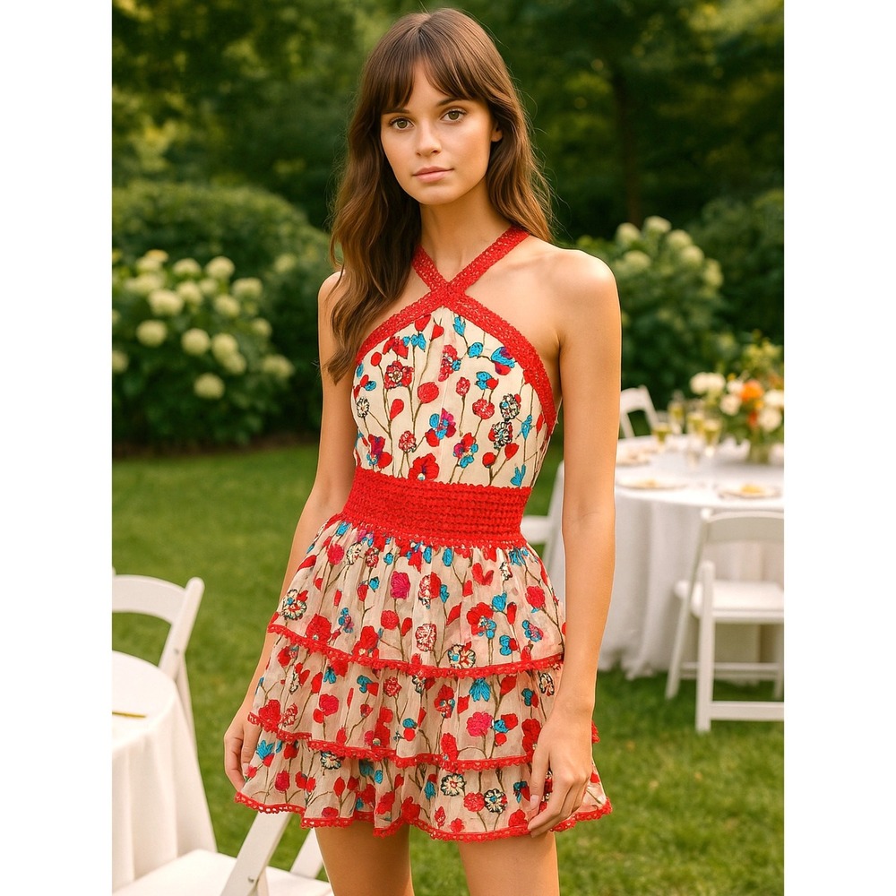 Bronx and Banco Ivanka Dress Red Floral Embroidered Mesh Halter Mini‎ XL US 10